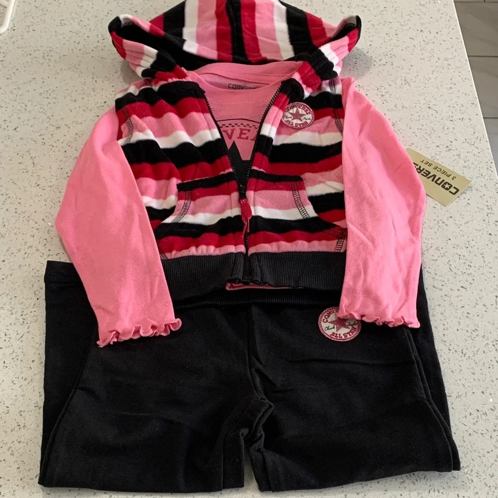 Converse Pink Black White Striped Hoodie Set